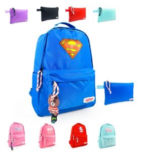 Trio Fille : Sac a Dos 16" 2Poches Tissu Imperméable Pastel + Sac Gouter + Trousse + Porte Cles – Image 3